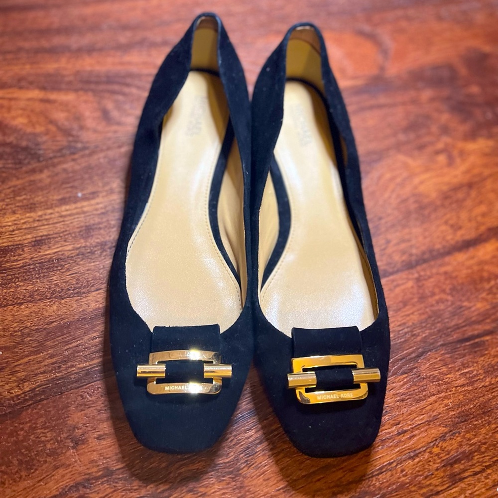 Michael Kors Black Suede Ballet Flats with Gold Logo